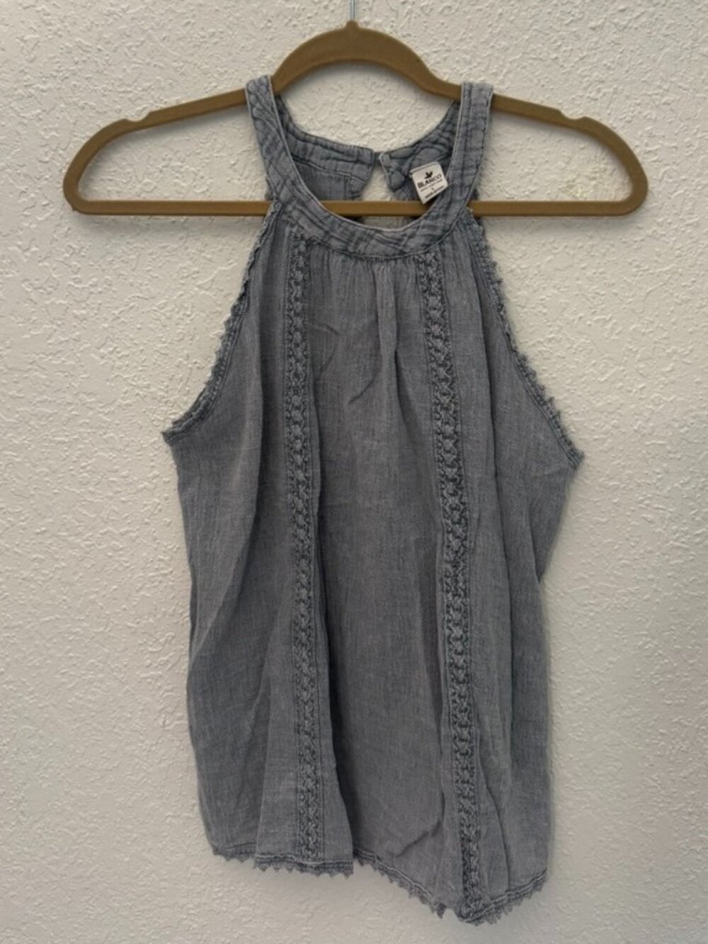Blanco by Nature Blue Gray High Neck Lace Trim Cotton Tank Top Size Large